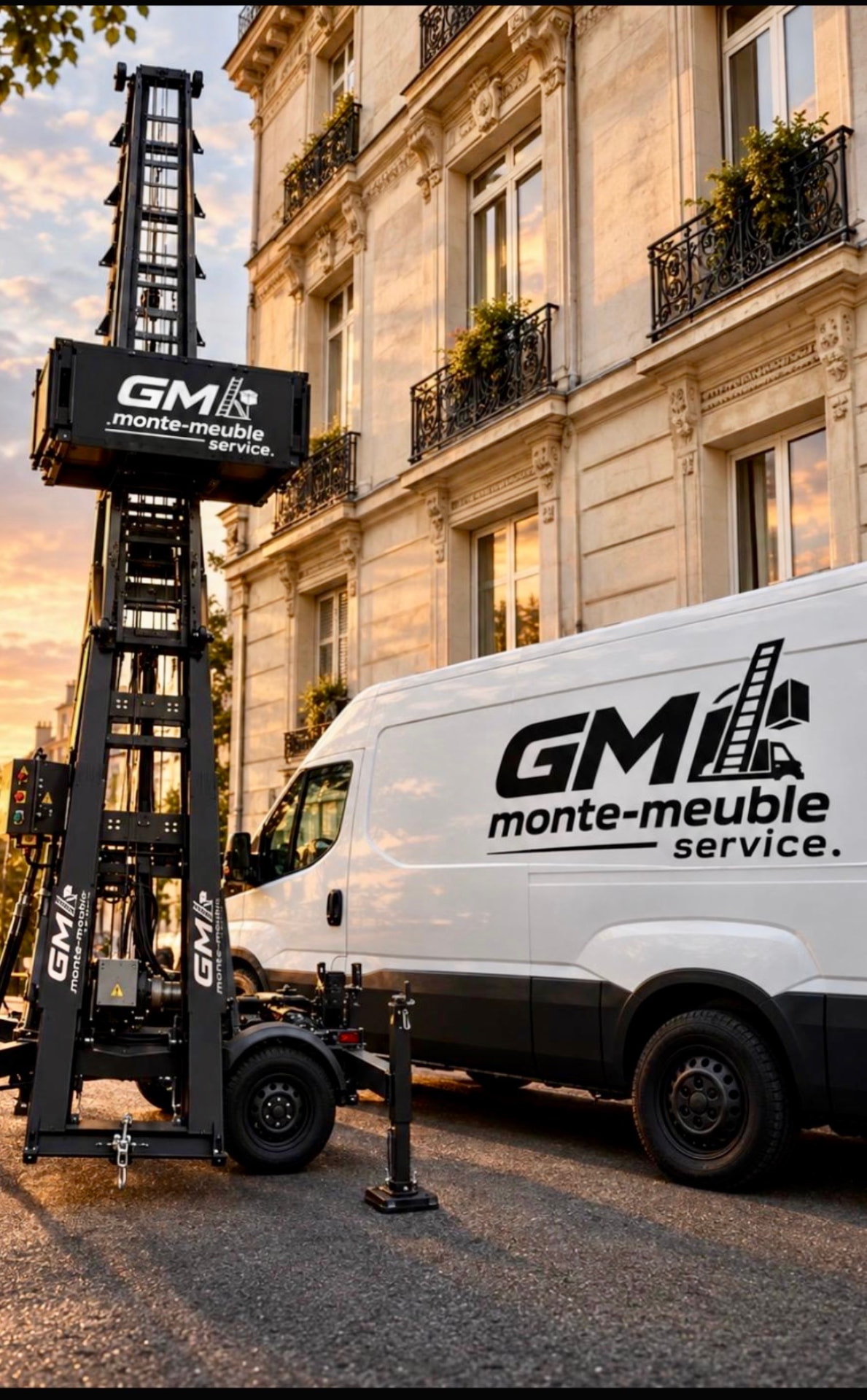Monte-meuble GMI et camion de service devant un immeuble parisien
